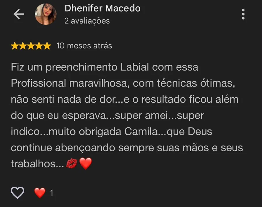 Depoimento de Dhenifer Macedo sobre o atendimento da Dra. Camila Lauriene